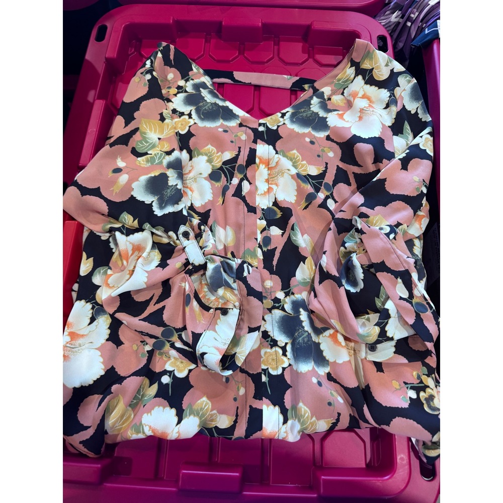 Loft Outlet Pink Black Floral V-Neck Roll Tab Sleeve Blouse XL